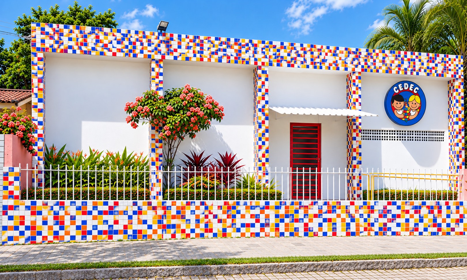 Fachada do CEDEC: prédio branco com molduras de azulejos coloridos e a placa da escola
