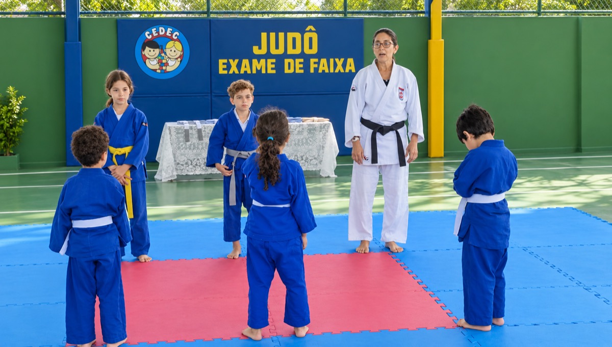Alunos de quimono azul no tatame durante o exame de faixa de judô, com a professora